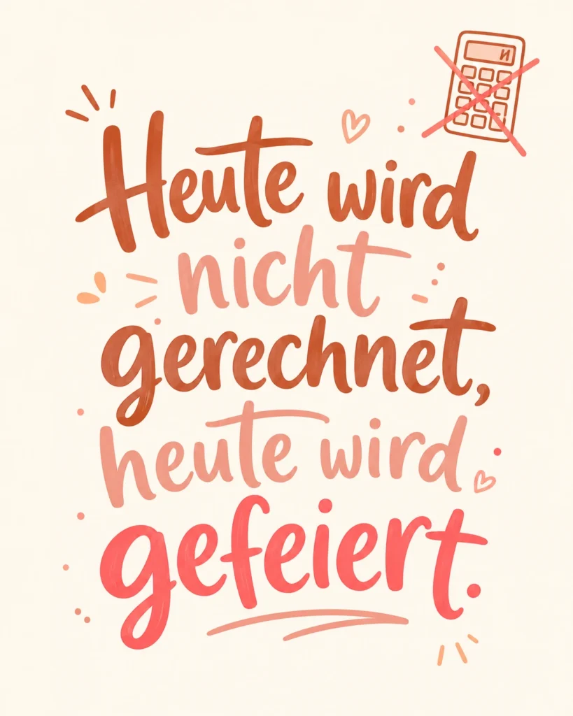 Lustiges Geburtstagsbild für Frauen: fröhliches Handlettering mit durchgestrichenem Taschenrechner, mit dem Spruch „Heute wird nicht gerechnet, heute wird gefeiert."
