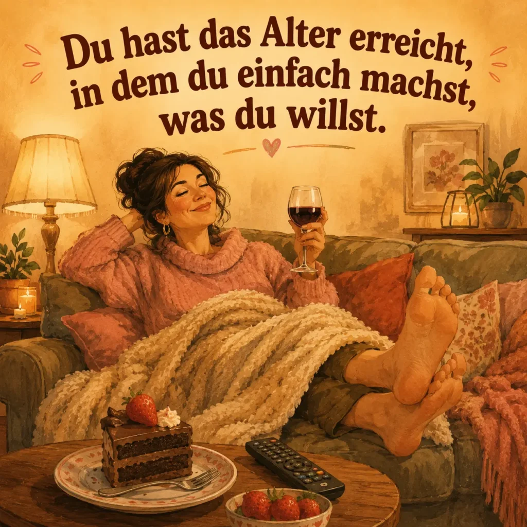 Lustiges Geburtstagsbild für Frauen: entspannte Frau auf dem Sofa mit Wein und Kuchen, mit dem Spruch „Du hast das Alter erreicht, in dem du einfach machst, was du willst."