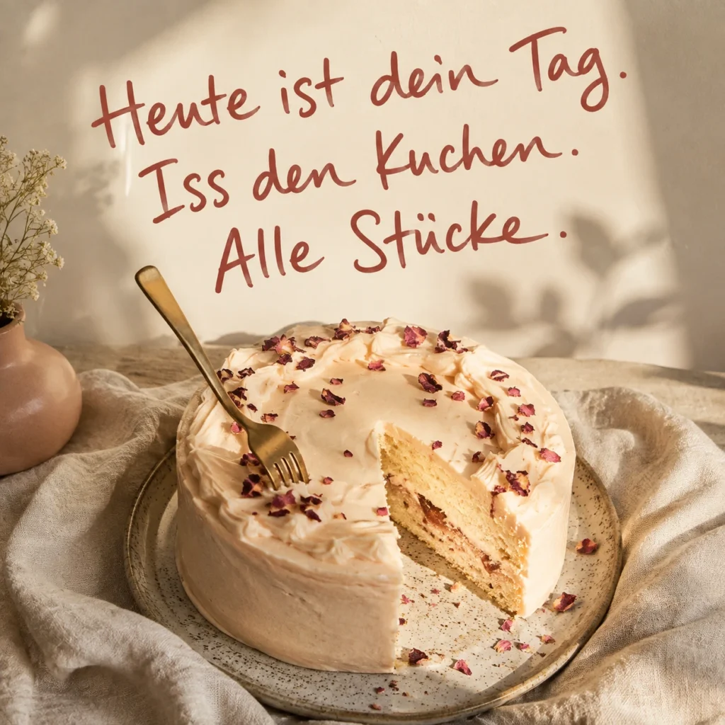 Lustiges Geburtstagsbild für Frauen: angeschnittene Torte mit Gabel, mit dem Spruch „Heute ist dein Tag. Iss den Kuchen. Alle Stücke."