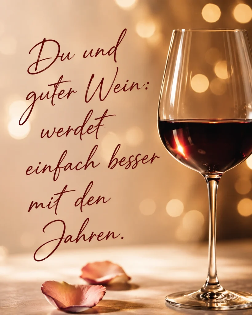 Lustiges Geburtstagsbild für Frauen: Rotweinglas im warmen Bokeh-Licht, mit dem Spruch „Du und guter Wein: werdet einfach besser mit den Jahren."
