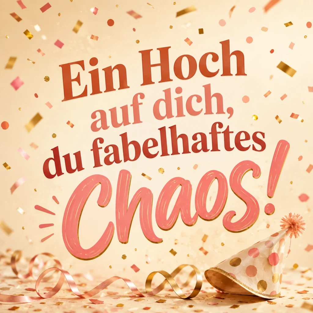 Lustiges Geburtstagsbild für Frauen: buntes Konfetti mit Partyhut, mit dem Spruch „Ein Hoch auf dich, du fabelhaftes Chaos!"