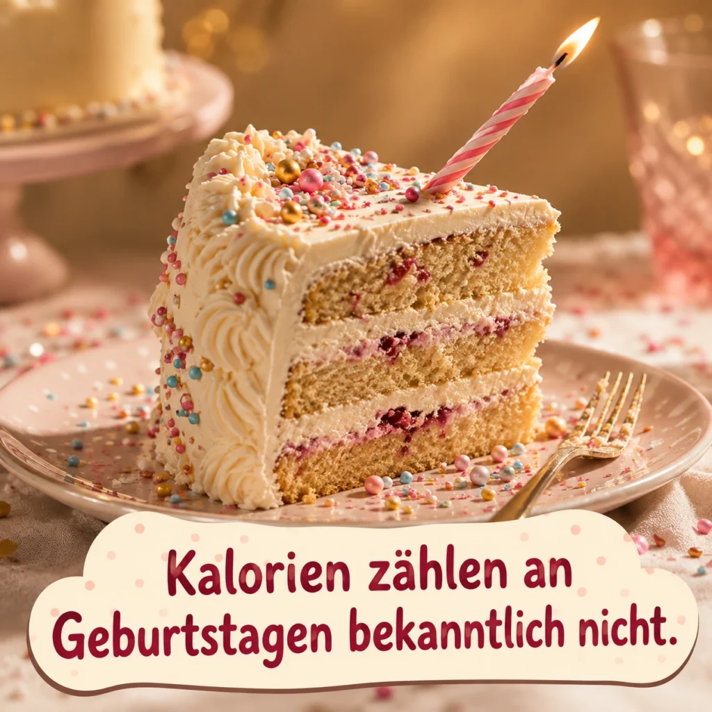 Lustiges Geburtstagsbild für Frauen: cremiges Tortenstück mit Kerze, mit dem Spruch „Kalorien zählen an Geburtstagen bekanntlich nicht."