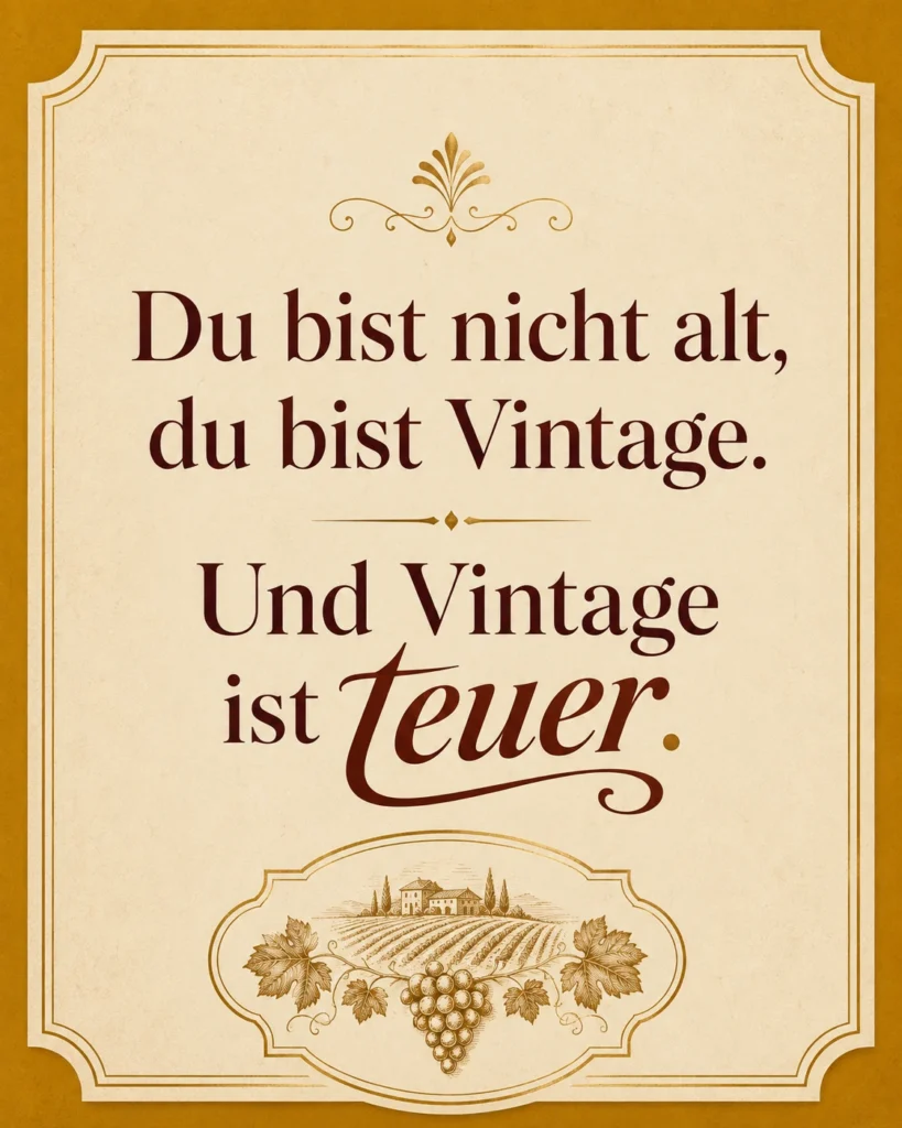 Lustiges Geburtstagsbild für Frauen: edle Vintage-Karte mit Weinberg-Motiv, mit dem Spruch „Du bist nicht alt, du bist Vintage. Und Vintage ist teuer."
