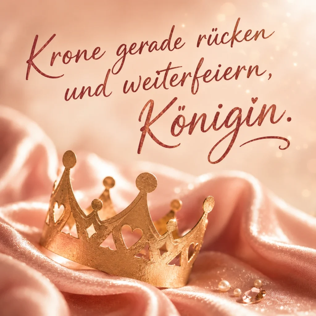 Lustiges Geburtstagsbild für Frauen: goldene Krone auf rosa Seide, mit dem Spruch „Krone gerade rücken und weiterfeiern, Königin."