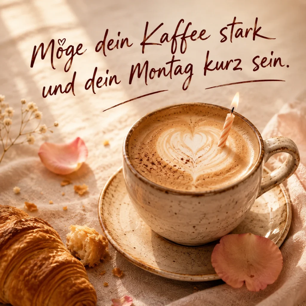 Lustiges Geburtstagsbild für Frauen: Cappuccino mit Croissant im Morgenlicht, mit dem Spruch „Möge dein Kaffee stark und dein Montag kurz sein."